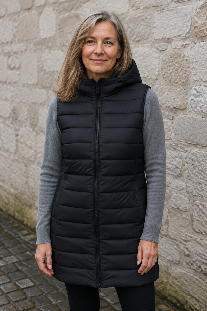 Wanda hooded longline puffer vest closed